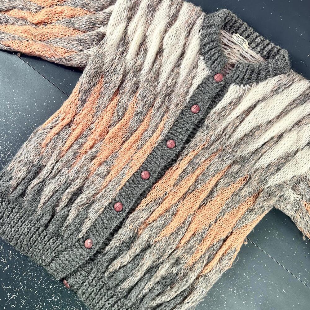VTG 100% Mohair Cardigan Sweater Orange Gray White Button Front Handmade Chunky - Picture 3 of 10